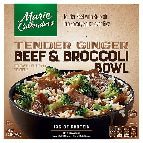 Marie Callender's Tender Ginger Beef & Broccoli Bowl, 11.8 oz
Tender Beef with Broccoli in a Savory Sauce over Rice

A Big Bowl of Comfort
Juicy USDA Choice beef, garlic and ginger combined with tender broccoli florets - yummy!
Our signature, made-from-scratch beef gravy created with ginger and garlic