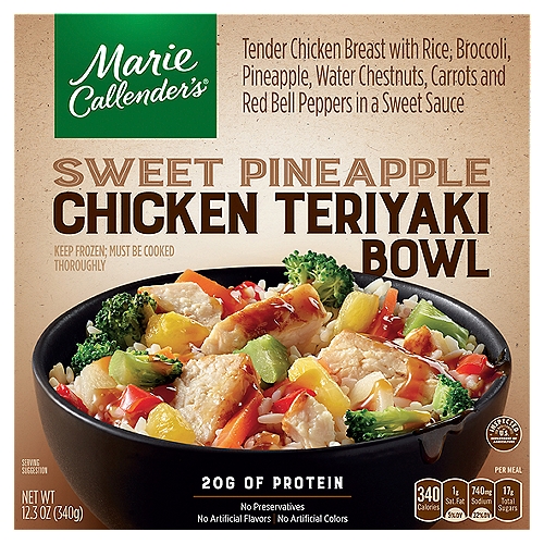 Marie Callender's Sweet Pineapple Chicken Teriyaki Bowl, 12.3 oz
Tender Chicken Breast with Rice; Broccoli, Pineapple, Water Chestnuts, Carrots and Red Bell Peppers in a Sweet Sauce

A Big Bowl of Comfort
Our made from scratch teriyaki sauce and juicy chicken breast make for our tastiest teriyaki bowl
Juicy pineapple combined with farm grown veggies