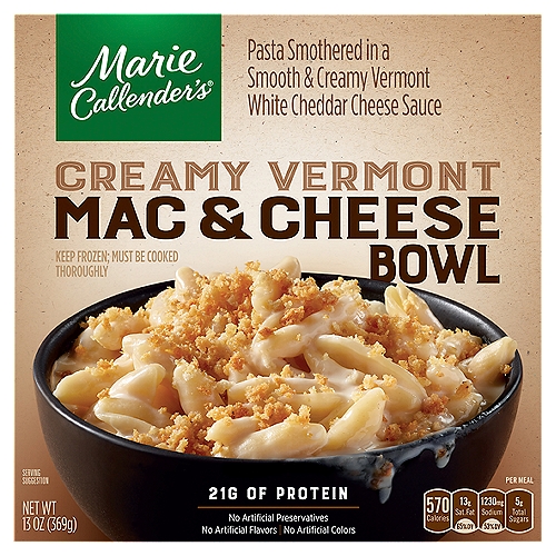 Marie Callender's Creamy Vermont Mac & Cheese Bowl, 13 oz
Pasta Smothered in a Smooth & Creamy Vermont White Cheddar Cheese Sauce

A big bowl of delicious
Made with real cream for our creamiest and cheesiest Mac & Cheese
Vermont white cheddar combined with aged parmesan