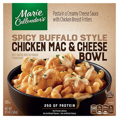 Marie Callender's Spicy Buffalo Style Chicken Mac & Cheese Bowl, 11.5 oz
Pasta in a Creamy Cheese Sauce with Chicken Breast Fritters

A Big Bowl of Comfort
Made with real cheddar cheese, our spicy buffalo sauce, and premium chicken breast - super creamy with a little kick!
Topped with real mozzarella cheese