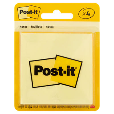 Post-it® Notes, 3 in x 3 in, Canary Yellow, 4 Pads per pack, 50 sheets per pad