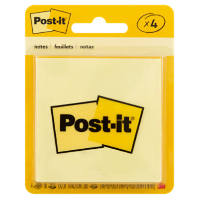 Post-it® Notes, 3 in x 3 in, Canary Yellow, 4 Pads per pack, 50 sheets ...