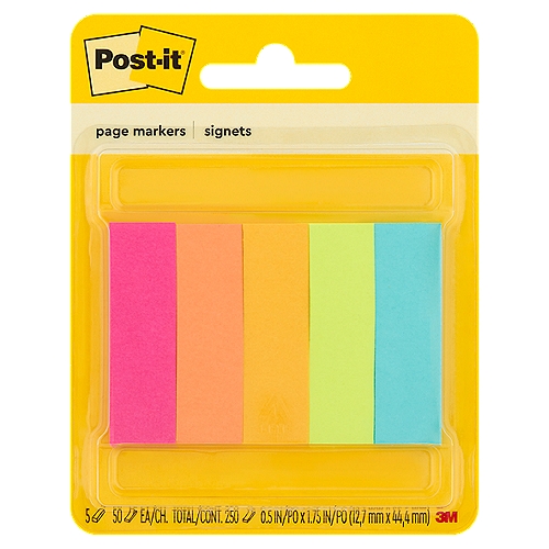Post-it® Page Markers, Assorted Colors , 1/2 in. x 2 in., 50 Sheets/Pad, 5 Pads/Pack