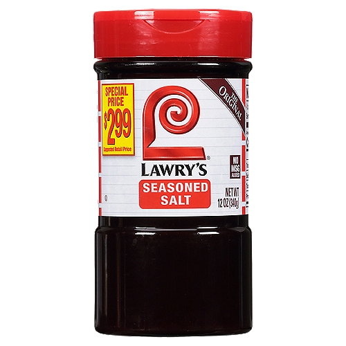 Lawry's Seasoned Salt, 12 oz
There's a reason why Lawry's signature Seasoned Salt has been a family favorite for decades. This expert blend of salt, herbs and spices adds unique flavor to any meal you're inspired to make. Lawry's Seasoned Salt is a versatile kitchen staple for adding flavor to almost any recipe - whether it's breakfast, lunch or dinner. It's a blend of salt, herbs and spices, including paprika and turmeric, plus onion and garlic and no MSG added*. Shake on beef, pork or poultry before and after cooking. Mix into ground beef for bold burgers. Add to fries and baked or mashed potatoes. Sprinkle on eggs, salads, vegetables, soups…the possibilities are endless! *Except those naturally occurring glutamates.
