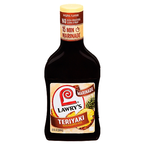 Lawry's Teriyaki With Pineapple Juice Marinade, 12 fl oz
Lawry's Marinades work great no matter how you use them!

Featuring a fusion of pineapple juice, soy sauce & other Asian-inspired seasonings, Lawry's Teriyaki Marinade is a tasty and easy solution for dinner. It livens up chicken, pork, beef and seafood with umami-rich flavor without any high fructose corn syrup or added MSG*. Teriyaki Marinade with pineapple juice works great no matter how you use it - grill, bake or stir-fry with it. Try as a chicken marinade in our Teriyaki Chicken Kabobs recipe, or as a seasoning for Veggie Skewers, Polynesian Burgers and fried rice. Our marinade tenderizes meat at the same time as it adds flavor - try on flank steak for amazing Teriyaki Steak. This 15-minute marinade unlocks the traditional flavors of Asia without leaving your kitchen!
*Except those naturally occurring glutamates.