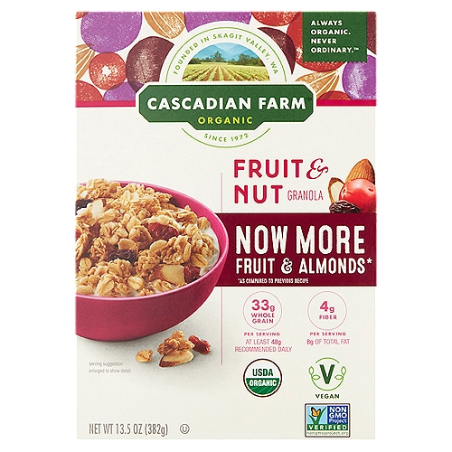 Cascadian Farm Organic Fruit & Nut Granola, 13.5 oz
Now More Fruit & Almonds*
*As Compared to Previous Recipe

Feed Your Curiosity
Raisins, cranberries and almonds! That's a delicious fruit and nut medley that's as vibrant as it is tasty. A perfect mix of sweet and tart fruit with crunchy nuts.
