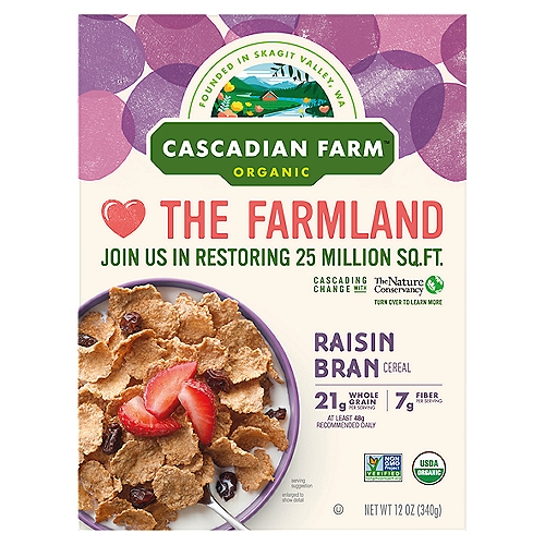 Cascadian Farm Organic Raisin Bran Cereal, 12 oz
Cascadian Farm Organic Raisin Bran Cereal features wheat bran flakes and plump raisins for an organic twist on a classic cereal. Start your morning with 21 grams of whole grain and 7 grams of fiber per serving and get the fuel you need for your next adventure. This raisin bran cereal tastes delicious served with milk, or grab a couple handfuls for an on-the-go snack. Cascadian Farm loves wholesome, organic ingredients perfected by Mother Nature and supports farmers who use sustainable practices to regenerate the land and their communities.