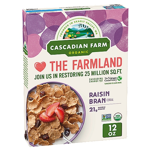 Cascadian Farm Organic Raisin Bran Cereal features wheat bran flakes and plump raisins for an organic twist on a classic cereal. Start your morning with 21 grams of whole grain and 7 grams of fiber per serving and get the fuel you need for your next adventure. This raisin bran cereal tastes delicious served with milk, or grab a couple handfuls for an on-the-go snack. Cascadian Farm loves wholesome, organic ingredients perfected by Mother Nature and supports farmers who use sustainable practices to regenerate the land and their communities.