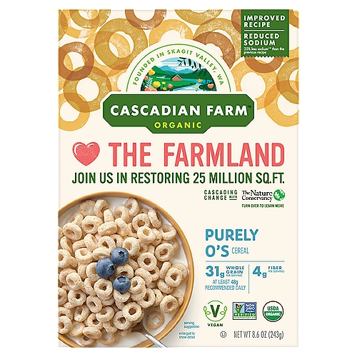 Cascadian Farm Organic Purely O's Cereal, 8.6 oz
Reduced Sodium 25% less sodium** than the previous recipe
**Sodium content has been reduced from 240mg to 180mg per serving.
