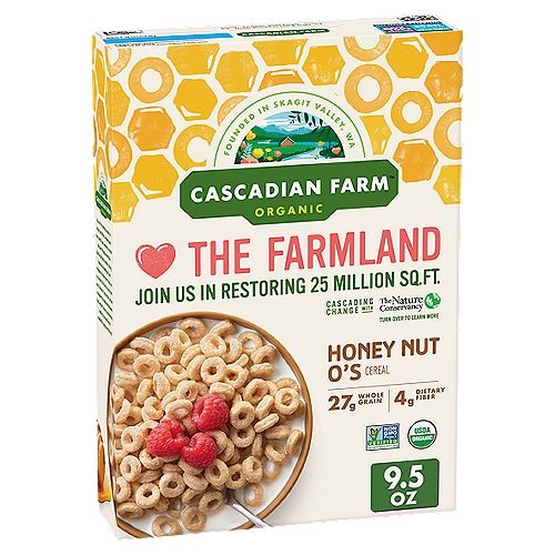 Cascadian Farm Organic Honey Nut O's Cereal features yummy o-shaped whole grain oats flavored with the sweet taste of real honey and almonds. Start your morning with 27 grams of whole grain and 3 grams of fiber per serving and get the fuel you need for your next adventure. This honey nut cereal tastes delicious served with milk, or grab a couple handfuls for an on-the-go snack. Cascadian Farm loves wholesome, organic ingredients perfected by Mother Nature and supports farmers who use sustainable practices to regenerate the land and their communities.nn25% less sodium** than the previous recipen**Sodium has been reduced from 250mg to 180mg per serving