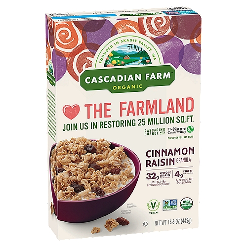 Cascadian Farm Organic Cinnamon Raisin Granola, 15.6 oz
Cascadian Farm Organic Cinnamon Raisin Granola Cereal comes loaded with delicious whole grain oats, sweet and chewy raisins, and a touch of cinnamon. With 32 grams of whole grain and 4 grams of fiber per serving, this hearty organic granola will keep you energized for your next adventure. Start your morning with a bowlful of cinnamon raisin breakfast cereal, top your favorite Greek yogurt, or enjoy it by the handful on your next hike. Cascadian Farm loves wholesome, organic ingredients perfected by Mother Nature and supports farmers who use sustainable practices to regenerate the land and their communities.
