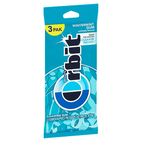 Wrigley's Orbit Wintermint Sugarfree Gum, 14 count, 3 pack
Now! For an even cleaner feeling!*
*As compared to previous formula

40% fewer calories than sugared gum. Calorie content of this size piece has been reduced from 5 to 3 calories.