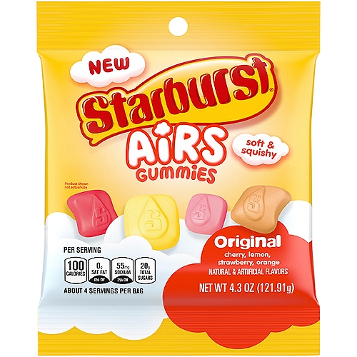 

• Contains 1 (one) 4.3-ounce Peg Pack of new STARBURST Airs Original Aerated Gummy Candy
• Flavors include: cherry, orange, lemon and strawberry 
• STARBURST Airs are a new gummy candy experience that won’t stick to your teeth
• Let your imagination (and taste buds) run wild with soft, juicy, and fun STARBURST Airs gummy candy, the easy to chew treat loved by everyone 
• This NEW chewy candy is the perfect companion to watching tv, or scrolling online 