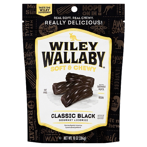 Wiley Wallaby Soft & Chewy Classic Black Gourmet Licorice, 10 oz
Wiley Wallaby Gourmet Classic Black Licorice is so soft and chewy, so terrifically tasty, you need look no further for the satisfaction you crave.
We packed it so full of flavor, there was less room left for the things you could do without. Less sugar, fat free and absolutely no dairy makes Wiley Wallaby the candy your conscience feels better about, too.
Win-win-win!