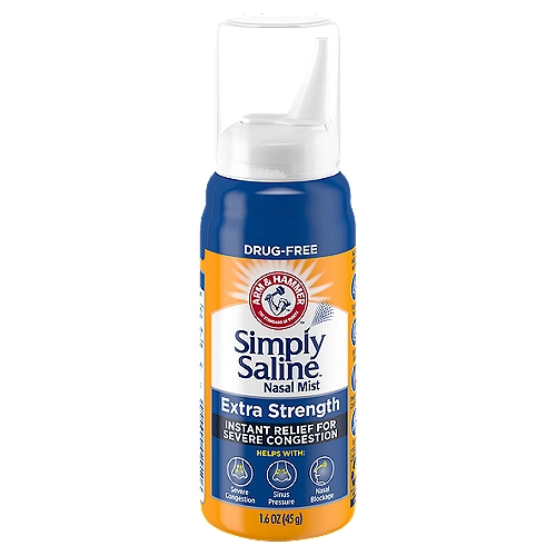 Arm & Hammer Simply Saline Extra Strength Nasal Mist, 1.6 oznHypertonic, Sterile Saline SolutionnnTriple-strength formula relieves severe congestion & dries runny noses related to allergies, colds, flu, and sinusitisnnUses: Comforting mist helps dry congestion and flushes pollen, dirt, dust and nasal congestion from nasal and sinus passages. Safe to use during pregnancy.