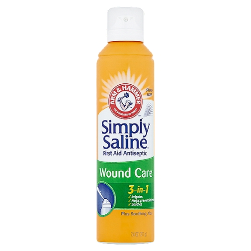 Arm & Hammer Simply Saline 3-in-1 Wound Care First Aid Antiseptic, 7.4 oz
Made with real Arm & Hammer™ Baking Soda

Drug Facts
Active ingredient - Purpose
Benzethonium chloride 0.13% - First aid antiseptic

Uses
First aid to help prevent the risk of bacterial contamination in minor cuts, scrapes and burns
