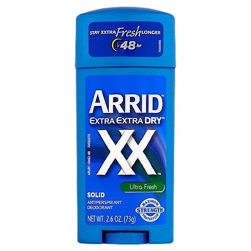 Arrid Extra Extra Dry XX Ultra Fresh Solid Antiperspirant Deodorant, 2.6 oz
Drug Facts
Active ingredient - Purpose
Aluminum zirconium tetrachlorohydrex gly 19% - Antiperspirant

Use
Reduces underarm perspiration