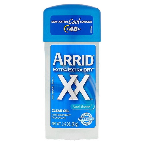 Arrid Extra Extra Dry XX Cool Shower Clear Gel Antiperspirant Deodorant, 2.6 oz
Drug Facts
Active ingredient - Purpose
Aluminum zirconium tetrachlorohydrex gly 20% - Antiperspirant

Use
Reduces underarm perspiration
