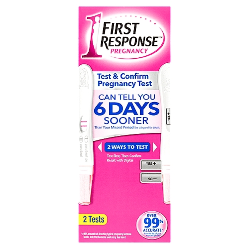 First Response Test & Confirm Pregnancy Test, 2 count
Over 99% accurate* from the day of your expected period
*>99% accurate at detecting typical pregnancy hormone levels. Note that hormone levels vary. See insert.

First Response™ detects the pregnancy hormone 6 days sooner than the day of your missed period (5 days before day of expected period).

Things to know about testing early... Some pregnant women may not have detectable amounts of the pregnancy hormone in their urine on the day they use the test. The amount of pregnancy hormone increases as pregnancy progresses. In laboratory testing, First Response™ Early Result Pregnancy Test detected the pregnancy hormone levels in 76% of pregnant women 5 days before their expected period, in 96% of pregnant women 4 days before their expected period, in >99% of pregnant women 3 days before their expected period, in >99% of pregnant women 2 days before their expected period, in >99% pregnant women 1 day before their expected period and in >99% of pregnant women on the day of their expected period. In laboratory testing First Response™ Digital Pregnancy Test detected the pregnancy hormone levels in 60% of pregnant women 5 days before their expected period, in 86% of pregnant women 4 days before their expected period, in 96% of pregnant women 3 days before their expected period, in >99% of pregnant women 2 days before their expected period, in >99% of pregnant women 1 day before their expected period and in >99% of pregnant women on the day of their expected period.