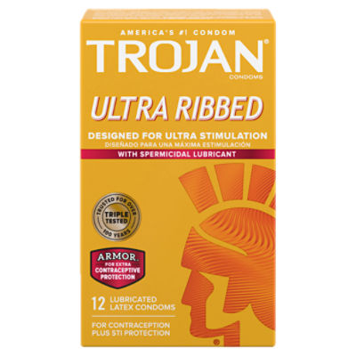 TROJAN Ultra Ribbed Lubricated Latex Condoms, 12 count - ShopRite