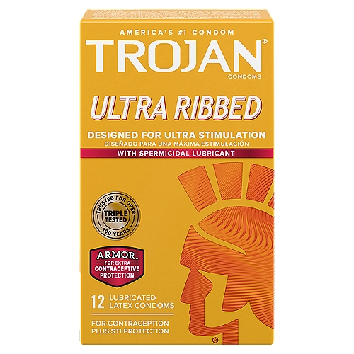 TROJAN Ultra Ribbed Lubricated Latex Condoms, 12 count