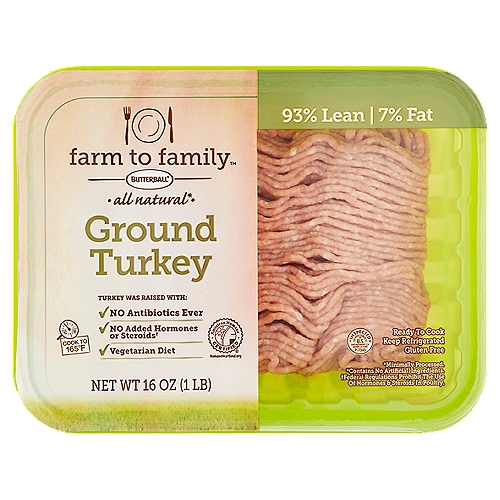Butterball Farm to Family Ground Turkey, 16 oz
All natural*
*Minimally processed.
*Contains no artificial ingredients.

Turkey Was Raised With:
✔ No antibiotics ever
✔ No added hormones or steroids†
✔ Vegetarian diet

At Farm to Family, we know that the best quality ground turkey isn't about what we add, it's about what we leave out. That's why our turkey is raised without antibiotics and has no added hormones or steroids.†
†Federal regulations prohibit the use of hormones & steroids in poultry.
