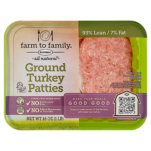 Butterball Farm to Family Turkey Burger Patties, 16 oz
All natural*
*Minimally Processed.
*Contains No Artificial Ingredients.

Turkey Was Raised With:
✓ No antibiotics ever
✓ No added hormones or steroids†
✓ Vegetarian diet

At Farm to Family, we know that the best quality ground turkey isn't about what we add, it's about what we leave out. That's why our turkey is raised without antibiotics and has no added hormones or steroids.†
†Federal regulations prohibit the use of hormones & steroids in poultry