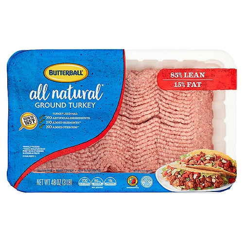Butterball All Natural Ground Turkey, 48 oz
All natural*

Turkey Used Has:
✓ *No artificial ingredients
✓ No added hormones**
✓ No added steroids**
*Minimally processed
**Federal regulations do not permit the use of hormones or steroids in poultry
