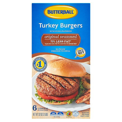 Butterball Original Seasoned Turkey Burgers, 6 count, 32 oz
70% less fat* than USDA data for 75% lean/25% fat ground beef
*Our product contains 11g of fat compared to 38g of fat per 151g serving in USDA data for 75% lean/25% fat ground beef.

Butterball Original Seasoned Turkey Burgers are perfectly seasoned and patted out thick to make a juicy, bun-covering burger. Pull straight from the
freezer bag inside and cook.
No thawing or extra seasoning needed.