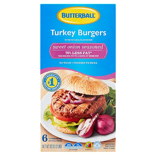 Butterball Sweet Onion Seasoned Turkey Burgers, 6 count, 32 oz
70% less fat* than USDA data for 75% lean/25% fat ground beef
*Our product contains 11g of fat compared to 38g of fat per 151g serving in USDA data for 75% lean/25% fat ground beef.

Butterball Sweet Onion Seasoned Turkey Burgers are perfectly seasoned and patted out thick to make a juicy, bun-covering burger. Pull straight from the freezer bag inside and cook.
No thawing or extra seasoning needed.