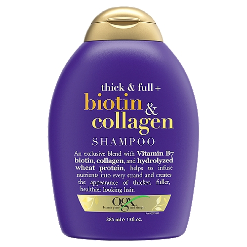 Ogx Thick & Full + Biotin & Collagen Shampoo, 13 fl oz
An exclusive blend with Vitamin B7 biotin, collagen, and hydrolyzed wheat protein, helps to infuse nutrients into every strand and creates the appearance of thicker, fuller, healthier looking hair.

Sulfate Free Surfactants Hair Care System*
*Includes shampoo and conditioner

Why you want it... Discover thicker, fuller and more abundant looking strands! Helps to thicken and texturize any hair type! Immerse your skinny strands in this super volumizing blend to help create fuller looking, shiny hair!