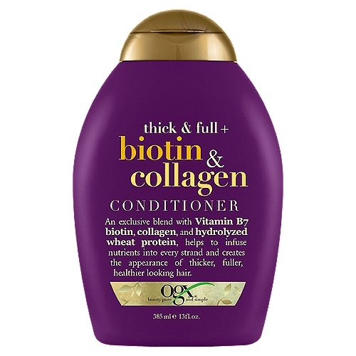 Ogx Thick & Full + Biotin & Collagen Conditioner, 13 fl oz
An exclusive blend with vitamin B7 biotin, collagen, and hydrolyzed wheat protein, helps to infuse nutrients into every strand and creates the appearance of thicker, fuller, healthier looking hair.

Sulfate free surfactants hair care system*
*Includes shampoo and conditioner

Why You Want It... Discover thicker, fuller and more abundant looking strands! Helps to thicken and texturize any hair type! Immerse your skinny strands in this super volumizing blend to help create fuller looking, shiny hair after just one use.