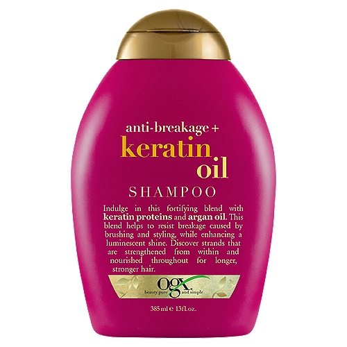 Ogx Anti-Breakage + Keratin Oil Shampoo, 13 fl oz
Indulge in this fortifying blend with keratin proteins and argan oil. This blend helps to resist breakage caused by brushing and styling, while enhancing a luminescent shine. Discover strands that are strengthened from within and nourished throughout for longer, stronger hair.

Sulfate free surfactants hair care system*
*Includes shampoo and conditioner

Why You Want It... Strength is beautiful! Especially strong, sexy strands! Help defend against split-ends and fly-a-ways. Rid your mane of all those pesky broken hair pieces! Stronger hair can grow longer and more beautiful.