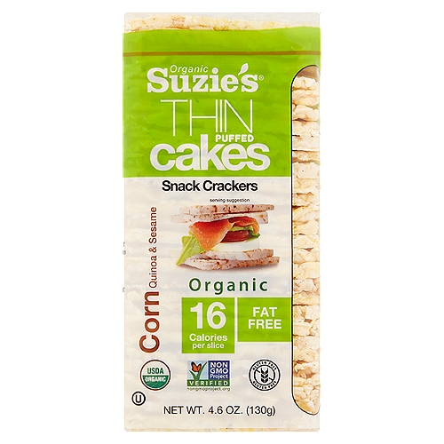 Suzie's Thin Cakes have the great taste and crunch that everyone loves. Square - shaped and much thinner than traditional round puffed cakes, Suzie's Thin Cakes are great with cheese, spreads or as a delicious anytime healthy snack.
