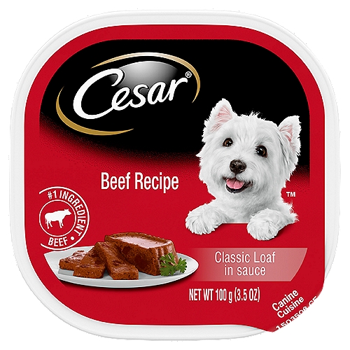 Cesar Beef Recipe Classic Loaf in Sauce Dog Food, 3.5 oz
Dogs love the great taste of CESAR Wet Dog Food. Crafted without grains and with Beef as the #1 ingredient, CESAR Beef Recipe Classic Loaf in Sauce is guaranteed to tempt even the fussiest eater. CESAR Canine Cuisine provides the complete and balanced nutrition your dog needs, with the taste and variety they can't resist. The CESAR brand always makes mealtime easy with convenient trays and no-fuss, peel-away freshness seals. Our gourmet wet dog food uses ingredients formulated to meet nutritional levels established by the AAFCO dog food nutrient profiles for maintenance. Spoil the dog you love with CESAR Wet Dog Food.