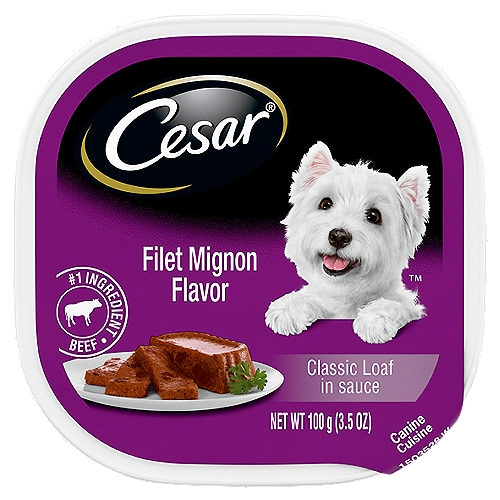 Cesar Classic Loaf in Sauce Filet Mignon Flavor Canine Cuisine, 3.5 oz
Dogs love the great taste of CESAR Wet Dog Food. Crafted without grains and with Beef as the #1 ingredient, CESAR Filet Mignon Flavor Classic Loaf in Sauce is guaranteed to tempt even the fussiest eater. CESAR Canine Cuisine provides the complete and balanced nutrition your dog needs, with the taste and variety they can't resist. The CESAR brand always makes mealtime easy with convenient trays and no-fuss, peel-away freshness seals. Our gourmet wet dog food uses ingredients formulated to meet nutritional levels established by the AAFCO dog food nutrient profiles for maintenance. Spoil the dog you love with CESAR Wet Dog Food.