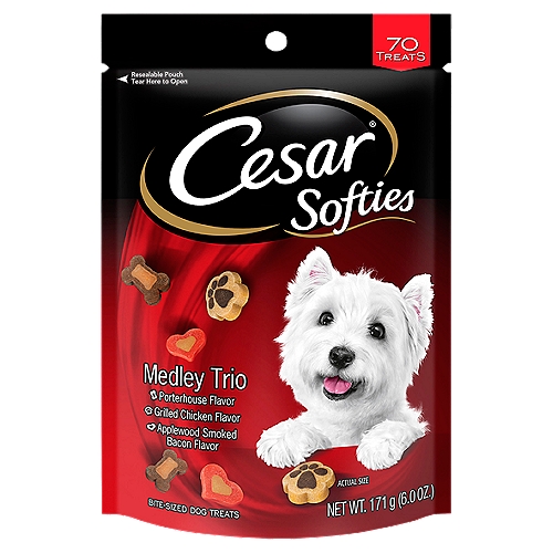 CESAR SOFTIES Chewy Small Dog Treats Medley Trio, 6 oz. Pouch
Cesar Softies treats for dogs are deliciously soft and bite sized. With a savory aroma and tantalizing, mouthwatering taste, these whimsical, meaty dog treats are sure to satisfy and perfect for use as training treats. Cesar low calorie dog treats contain only 7 calories each, to make everyday treating extraordinary.
