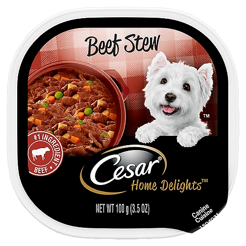 Cesar Home Delights Beef Stew Dog Food, 3.5 oz
Dogs love the great taste of CESAR wet dog food. Crafted with Beef as the #1 ingredient, CESAR HOME DELIGHTS Beef Stew is guaranteed to tempt even the fussiest eater. CESAR CANINE CUISINE provides the complete and balanced nutrition your dog needs, with the taste and variety they can't resist. The CESAR brand always makes mealtime easy with convenient trays and no-fuss, peel-away freshness seals. Our gourmet wet dog food uses ingredients formulated to meet nutritional levels established by the AAFCO dog food nutrient profiles for maintenance, perfect for your little dog. Spoil the dog you love with CESAR wet dog food.
