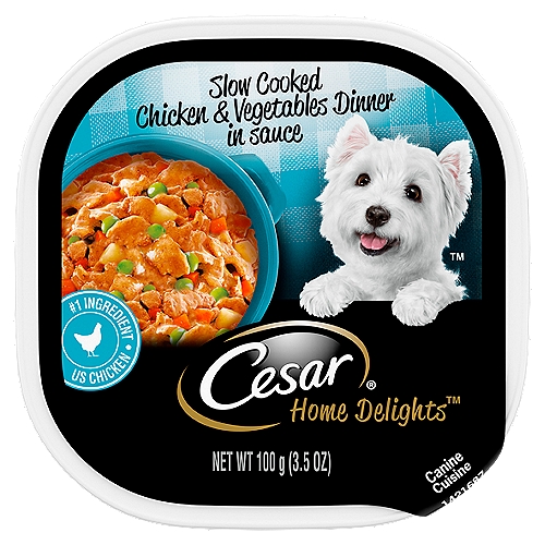 Cesar Home Delights Slow Cooked Chicken & Vegetables Dinner in Sauce Dog Food, 3.5 oz
Dogs love the great taste of CESAR Wet Dog food. Crafted with US Chicken as the #1 ingredient, CESAR HOME DELIGHTS Slow Cooked Chicken & Vegetables Dinner is guaranteed to tempt even the fussiest eater. CESAR CANINE CUISINE provides the complete and balanced nutrition your dog needs, with the taste and variety they can't resist. The CESAR brand always makes mealtime easy with convenient trays and no-fuss, peel-away freshness seals. Our gourmet wet dog food uses ingredients formulated to meet nutritional levels established by the AAFCO dog food nutrient profiles for maintenance. Spoil the dog you love with CESAR wet dog food.