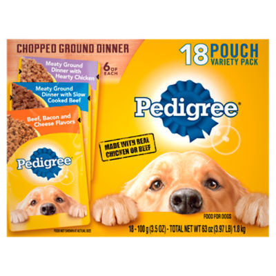 PEDIGREE Adult Wet Meaty Dog Food w Chicken, Beef, and Beef, Bacon & Cheese, (18) 3.5 oz. Pouches