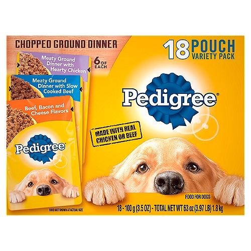 PEDIGREE Adult Wet Meaty Dog Food w Chicken, Beef, and Beef, Bacon & Cheese, (18) 3.5 oz. Pouches
