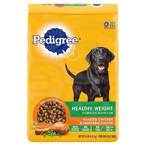 Pedigree Healthy Weight Roasted Chicken & Vegetable Flavor Food for Adult Dogs, 14 lb
PEDIGREE Healthy Weight Roasted Chicken & Vegetable Flavor Dog Food is a low-fat dog food specially formulated for your canine to help less active or overweight dogs achieve and maintain a healthy weight. This balanced dog food is packed with vitamin E antioxidants to nourish your dog's immune system, plus omega-6 fatty acids to give them healthy skin and a shiny, healthy coat. No high fructose corn syrup, no artificial flavors, and no added sugar. PEDIGREE Healthy Weight Dog Food is also made with a special fiber blend to help dogs feel fuller. With PEDIGREE Food for Dogs, you can give your loyal companion a satisfying and nutritious meal without the extra calories.