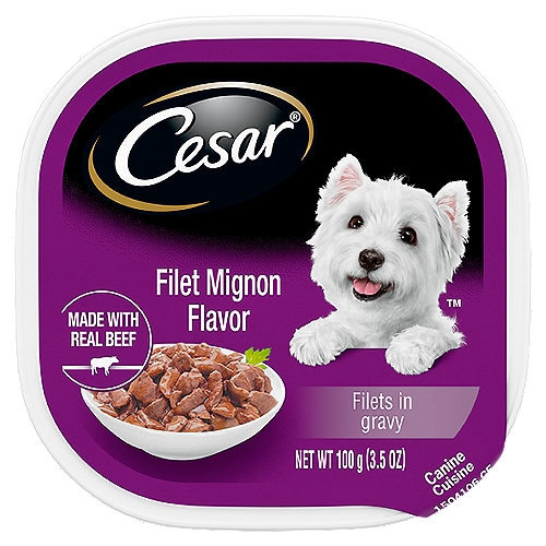 CESAR Adult Soft Wet Dog Food Filets in Gravy Filet Mignon Flavor, (24) 3.5 oz. Trays
We love dogs, and that's why we've created our delicious wet dog food with quality ingredients in culinary-inspired flavors they can't resist. Indulge your dog's sophisticated palate with CESAR Wet Food. This Filet Mignon Flavor is crafted with beef, so it's full of the meaty taste and texture dogs love. And because our pets are like family, it also delivers 100% complete and balanced nutrition for adult dogs. They're crafted with vitamins and minerals to help dogs of all sizes, especially small dogs, stay healthy. This soft dog food makes a great meal on its own, or can be a special treat on top of their favorite dry kibble. Just peel away the convenient, easy peel freshness seal, and you can be sure your best friend is getting a delicious meal every time… because they deserve it.