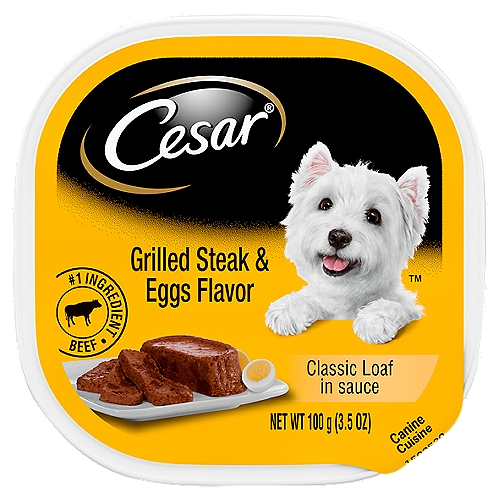 CESAR Soft Wet Dog Food Classic Loaf in Sauce Grilled Steak and Eggs Flavor, (24) 3.5 oz. Trays
Breakfast is the most important meal of the day, and dogs love it, too! Wake your dog to a tantalizing delight with CESAR Grilled Steak and Eggs Flavor Classic Loaf in sauce Wet Dog Food. Fortified with vitamins and minerals, our savory breakfast dog food gives your pampered pooch a meal just like yours, with complete and balanced nutrition made just for them. Served in convenient trays with no-fuss, peel-away freshness seals, the CESAR Brand makes mealtime easy at any time of day. Plus, our gourmet wet dog food uses ingredients formulated to meet nutritional levels established by the AAFCO dog food nutrient profiles for maintenance.