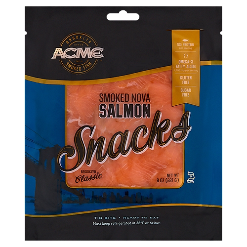 ACME Snacks Brooklyn Classic Smoked Fish Nova Salmon , 8 oz
For perfectly sliced smoked salmon, try our traditional line of Acme Smoked Salmon.
Note that this product contains tid-bits of smoked salmon.

This product is ideal for creating recipes that contain smoked salmon.
Nova snacks can be used on omelettes, salads, quiches, and more.