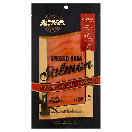 ACME Smoked Nova Salmon Value Pack, 12 oz
Astaxanthin is a carotenoid used in the feed of farm raised Atlantic salmon; it is in the same family as vitamin A. Carotenoids are part of the natural diet consumed by salmon in the wild and give salmon its distinctive color.