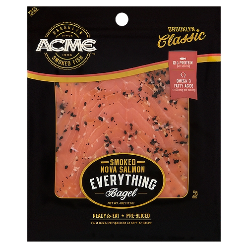 ACME Everything Bagel Smoked Nova Salmon, 4 oz
Astaxanthin is a carotenoid used in the feed of farm raised Atlantic salmon; it is in the same family as Vitamin A. Carotenoids are part of the natural diet consumed by salmon in the wild and give salmon its distinctive color.