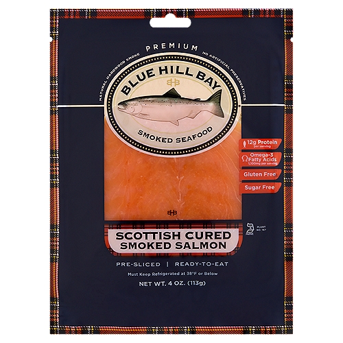 Our packaging is 20% smaller and uses less plastic than our previous version to reduce the environmental impact and keep the oceans clean.  Since its inception in 2000, the Blue Hill Bay  line has adopted traditional methods of curing and smoking salmon - techniques employed in Europe for generations. Our distinct smoked salmon process begins with the freshest salmon available. After a special dry curing process is completed, sides of salmon are cold smoked with a unique blend of hardwoods. The salmon are trimmed by hand, packed, chilled and delivered to their markets soon after leaving the smokehouse.  The Blue Hill Bay  line is complemented by a full assortment of smoked wild salmon and specialty smoked fish such as smoked fish poke bowls, sashimi style smoked salmon, trout, whitefish, wild Alaskan black cod, smoked fish salads and pickled herring.  Astaxanthin is a carotenoid used in the feed of farm raised Atlantic Salmon; it is in the same family as Vitamin A. Carotenoids are part of the natural diet consumed by salmon in the wild and give salmon its distinctive color.