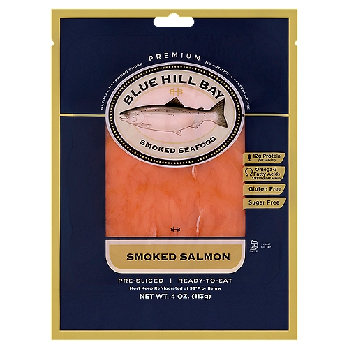 Blue Hill Bay Smoked Salmon, 4 oz
Astaxanthin is a carotenoid used in the feed of farm raised Atlantic salmon; it is in the same family as vitamin A. Carotenoids are part of the natural diet consumed by salmon in the wild and give salmon its distinctive color.