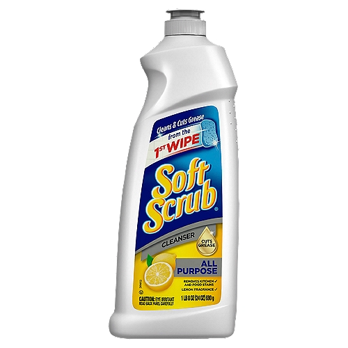 Soft Scrub® All Purpose cleans surfaces in the bathroom, kitchen and throughout the house. It removes soap scum, hard water stains, limescale, grease, grime, and food stains, and is safe to use on stainless steel, chrome, granite, Corian®, porcelain, ceramic, plastic laminate, and glass-top stoves.